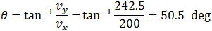 θ=tan^(-1)⁡v_y/v_x = tan^(-1)242.5/200=50.5 deg⁡