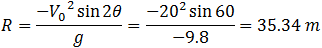 R=(-V_0^2  sin⁡2θ)/g=(-15^2  sin⁡60)/(-9.8)=19.88 m