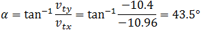 α=tan^(-1)v_ty/v_tx=tan^(-1)⁡11.98/14.88=38.8°