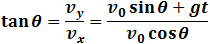 tan⁡θ=v_y/v_x =(v_0  sin⁡θ+gt)/(v_0  cos⁡θ )