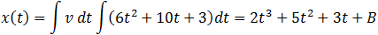v(t)=∫a dt ∫(3+5t)dt=3t+5/2 t^2+A