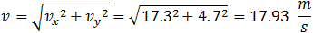 v=√(v_x^2+v_y^2 )=√(13^2+2.3^2 )=13.2 m/s