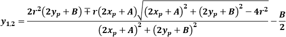 y_(1,2)=(2r^2 (2y_p+B)∓r(2x_p+A) √((2x_p+A)^2+(2y_p+B)^2-4r^2 ))/((2x_p+A)^2+(〖2y〗_p+B)^2 )-B/2