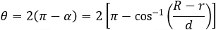 θ=2(π-α)=2[π-cos^(-1)⁡((R-r)/d) ]
