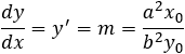 dy/dx=y^'=m=(a^2 x_0)/(b^2 y_0 )