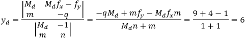 y_d=|■(M_d&M_d f_x-f_y@m&-q)|/|■(M_d&-1@m&n)| =(-qM_d+mf_y-M_d f_x m)/(M_d n+m)