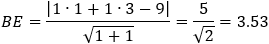 BE=|1∙1+1∙3-9|/√(1+1)=5/√2=3.53