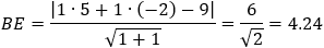 BE=|1∙5+1∙(-2)-9|/√(1+1)=6/√2=4.24