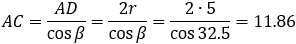 AC=AD/cos⁡β =2r/cos⁡β =(2∙5)/cos⁡32.5 =11.86