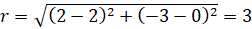 r=√((2-2)^2+(-3-0)^2 )=3