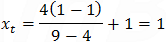 x_t=4(1-1)/(9-4)+1=1 