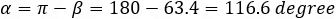 α=π-β=180-63.4=116.6 degree