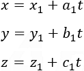 x=x_1+a_1 t y=y_1+b_1 t z=z_1+c_1 t