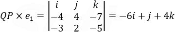 QP×e_1=|■(i&j&k@-5&1&1@2&4&-9)|=-13i-43j-22k