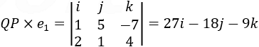 QP×e_1=|■(i&j&k@5&0&-8@2&1&4)|=8i-36j+5k