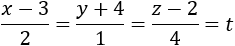 (x-1)/2=(y+2)/1=(z-3)/4=t