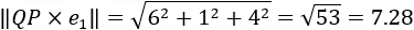 ‖QP×e_1 ‖=√(13^2+43^2+22^2 )=√2502=50.02