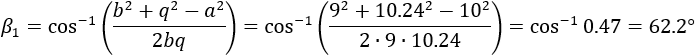 β_2=cos^(-1)⁡((b^2+q^2-a^2)/2bq)=cos^(-1)⁡((9^2+〖10.24〗^2-10^2)/(2∙9∙10.24))=cos^(-1)⁡0.47=62.2°