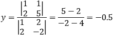 y=|■(1&1@2&5)|/|■(1&2@2&-2)| =(5-2)/(-2-4)=-0.5