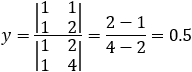 y=|■(1&1@1&2)|/|■(1&2@1&4)| =(2-1)/(4-2)=0.5