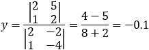 y=|■(2&5@1&2)|/|■(2&-2@1&-4)| =(4-5)/(8+2)=-0.1