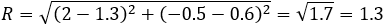 R=√((1-1.3)^2+(0-0.6)^2 )=√0.45=0.67